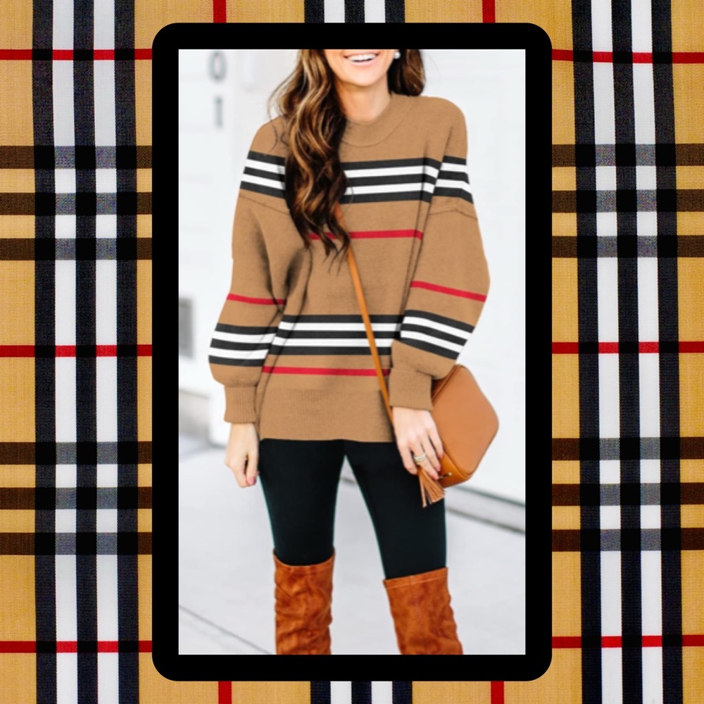 Striped Tan Soft Oversized Sweater Red & Black Perfect W/ Burberry Accessories!